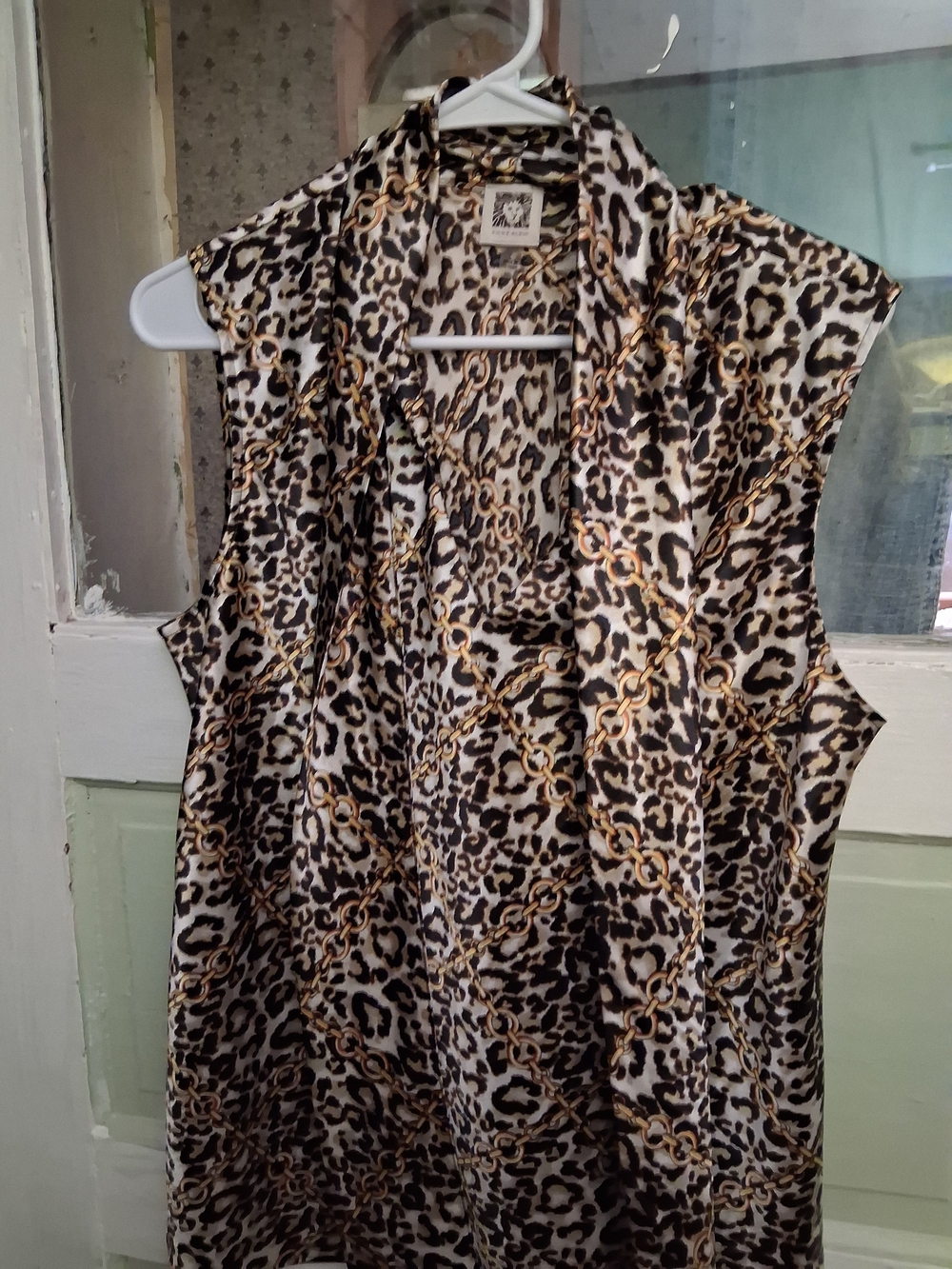 Anne Klein Leopard & Chain Print Sleeveless Top - Black/Brown/Gold